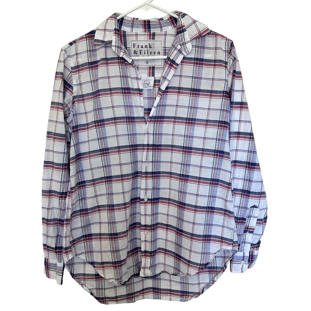Frank & Eileen The Frank Plaid 100% Cotton Button Up Top Size S White Blue Red